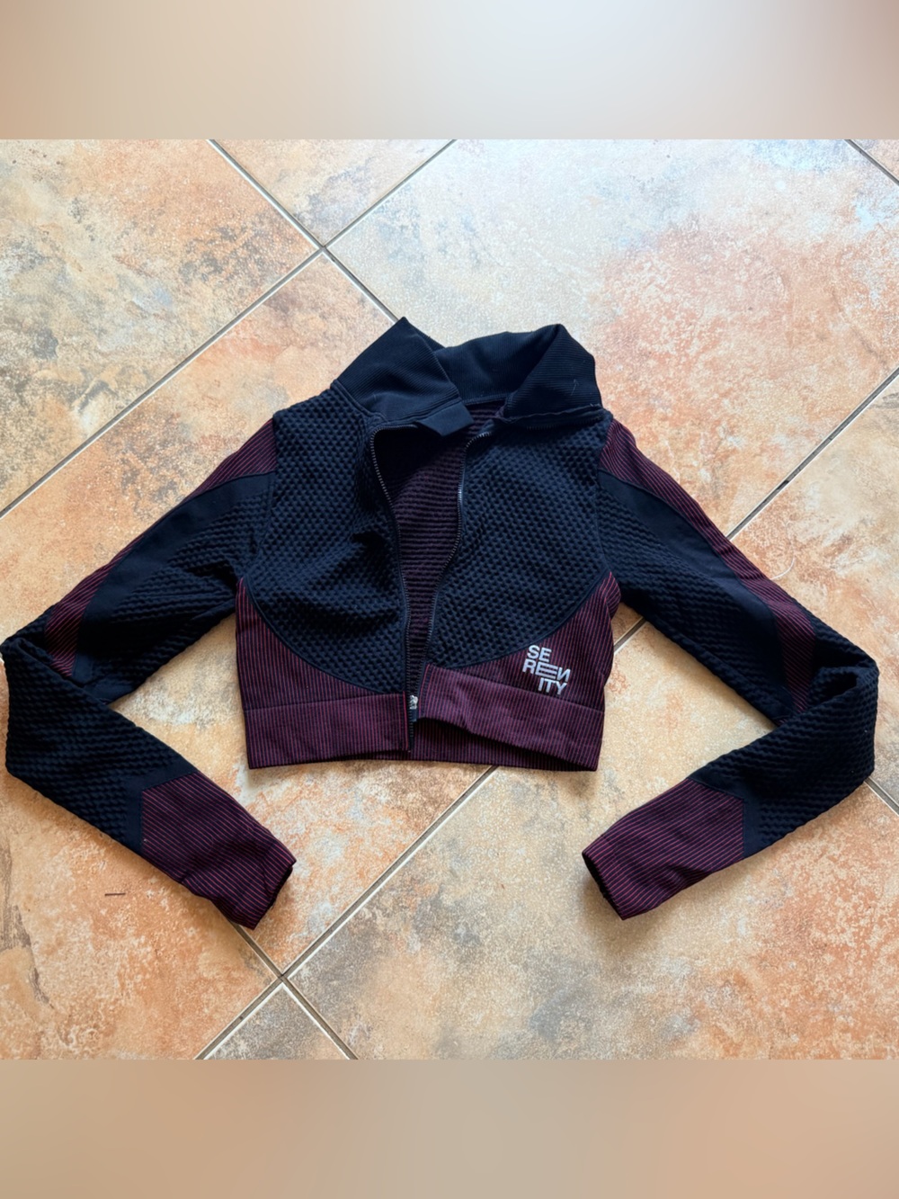 Serenity Black and Burgundy Textured Cropped Zip Jacket